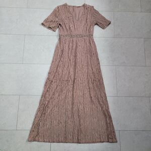 Boho Crochet Tan Lace Maxi Dress Sz Med Lined Promesa Short Sleeve V Neck Modest